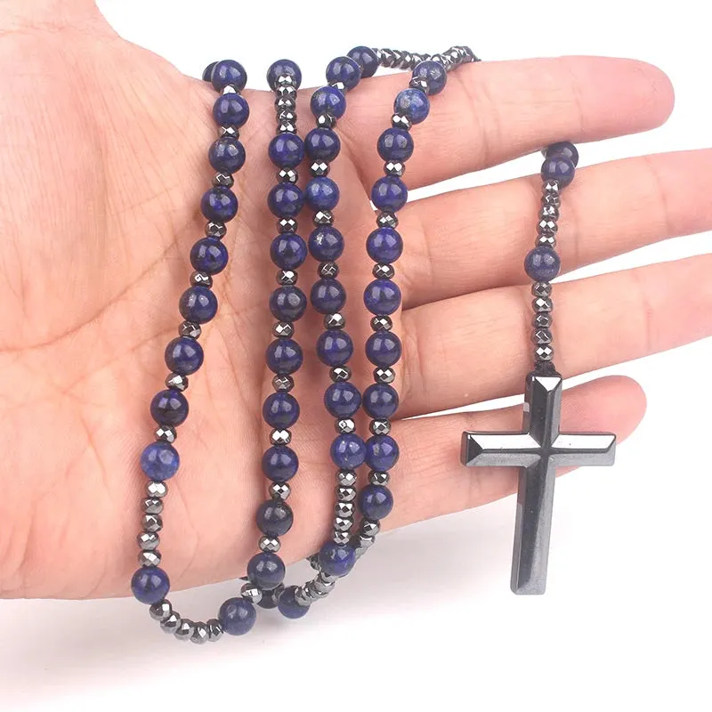 Religious Long Rosary Unisex Design Necklace : Natural Gemstone Beads (Tiger-Eye, Lapis Lazuli, Spectrolite) & Hematite Cross Pendant - Ideal Gift for Spiritual Enthusiasts