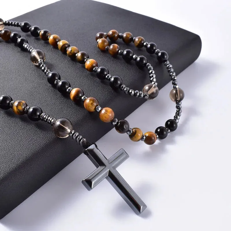 Religious Long Rosary Unisex Design Necklace : Natural Gemstone Beads (Tiger-Eye, Lapis Lazuli, Spectrolite) & Hematite Cross Pendant - Ideal Gift for Spiritual Enthusiasts