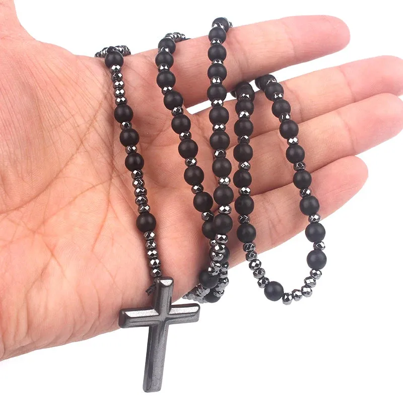 Religious Long Rosary Unisex Design Necklace : Natural Gemstone Beads (Tiger-Eye, Lapis Lazuli, Spectrolite) & Hematite Cross Pendant - Ideal Gift for Spiritual Enthusiasts