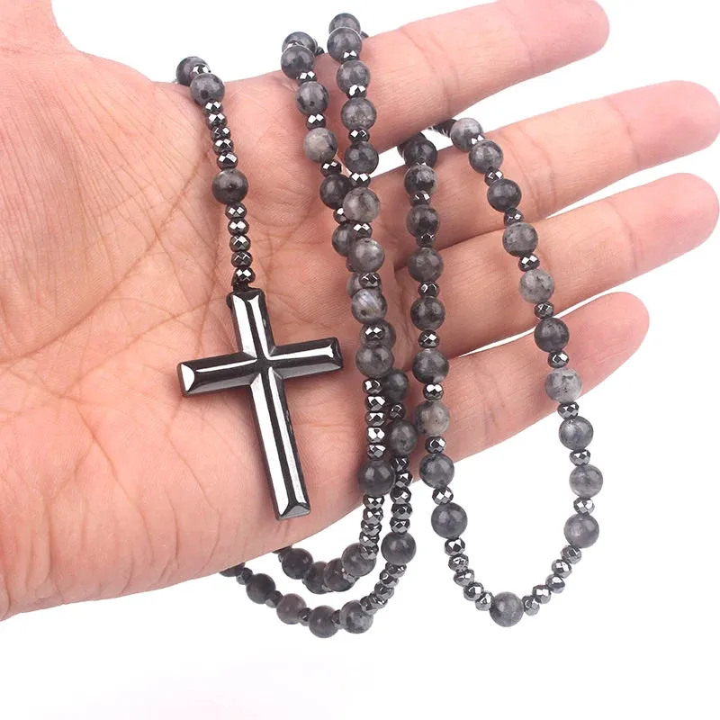 Religious Long Rosary Unisex Design Necklace : Natural Gemstone Beads (Tiger-Eye, Lapis Lazuli, Spectrolite) & Hematite Cross Pendant - Ideal Gift for Spiritual Enthusiasts