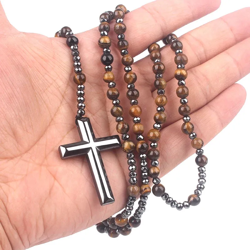 Religious Long Rosary Unisex Design Necklace : Natural Gemstone Beads (Tiger-Eye, Lapis Lazuli, Spectrolite) & Hematite Cross Pendant - Ideal Gift for Spiritual Enthusiasts