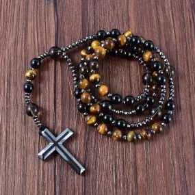 Religious Long Rosary Unisex Design Necklace : Natural Gemstone Beads (Tiger-Eye, Lapis Lazuli, Spectrolite) & Hematite Cross Pendant - Ideal Gift for Spiritual Enthusiasts