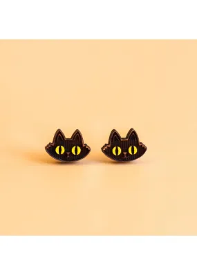 Robin Valley - Halloween Cat Cherry Wood Stud Earrings