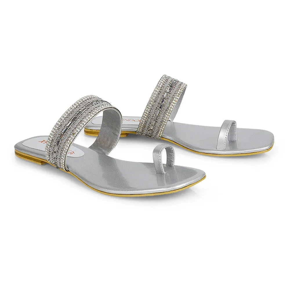 Rogan Strappy Slip on Toe Post Ring Diamante Flat Sandal Sliders in Navy