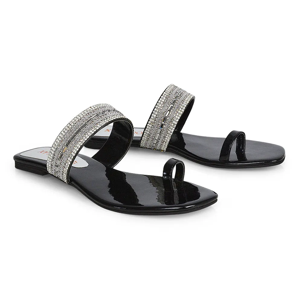 Rogan Strappy Slip on Toe Post Ring Diamante Flat Sandal Sliders in Navy