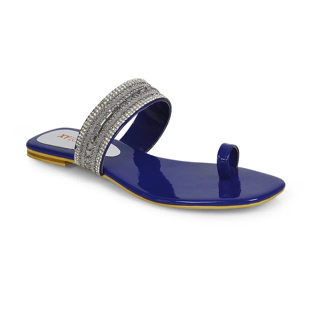 Rogan Strappy Slip on Toe Post Ring Diamante Flat Sandal Sliders in Navy