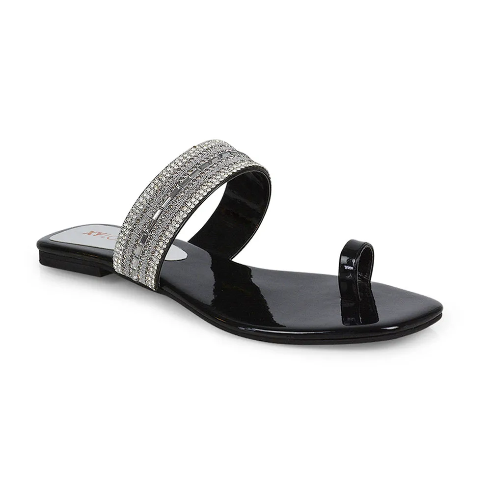 Rogan Strappy Slip on Toe Post Ring Diamante Flat Sandal Sliders in Navy