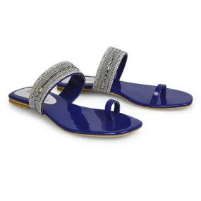 Rogan Strappy Slip on Toe Post Ring Diamante Flat Sandal Sliders in Navy