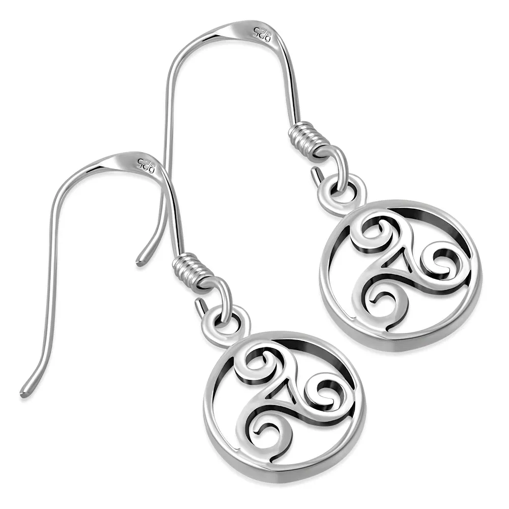 Round Celtic Triskele Triple Spiral Silver Earrings