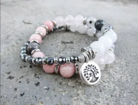 SALE - 27 Bead Mala in Pink Opal, Rose Quartz and Rutilated Quartz