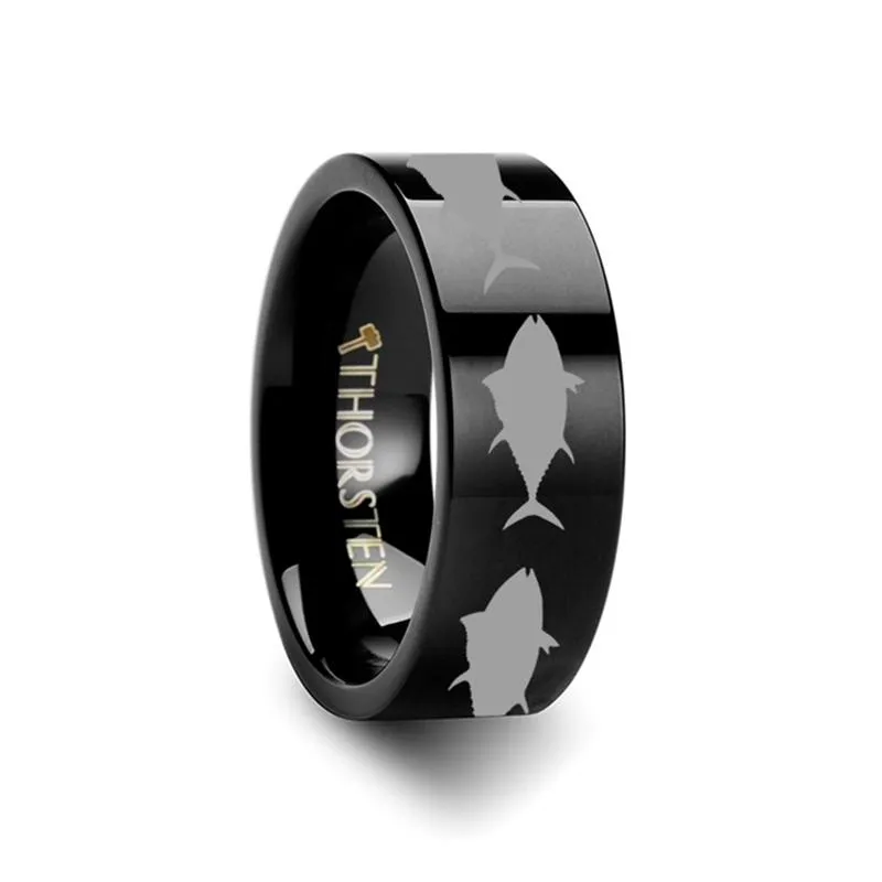 Sea Pattern Print Tuna Fish Jumping Laser Engraved Flat Tungsten Wedding Ring for Men and Women - 4MM - 12MM