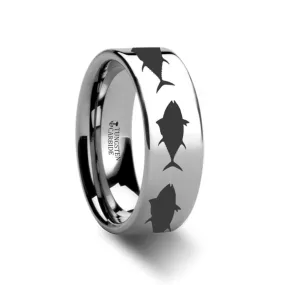 Sea Pattern Print Tuna Fish Jumping Laser Engraved Flat Tungsten Wedding Ring for Men and Women - 4MM - 12MM