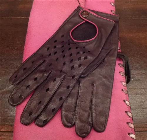 Shaneen Huxham Leather Driving Gloves with Hot Pink Trim