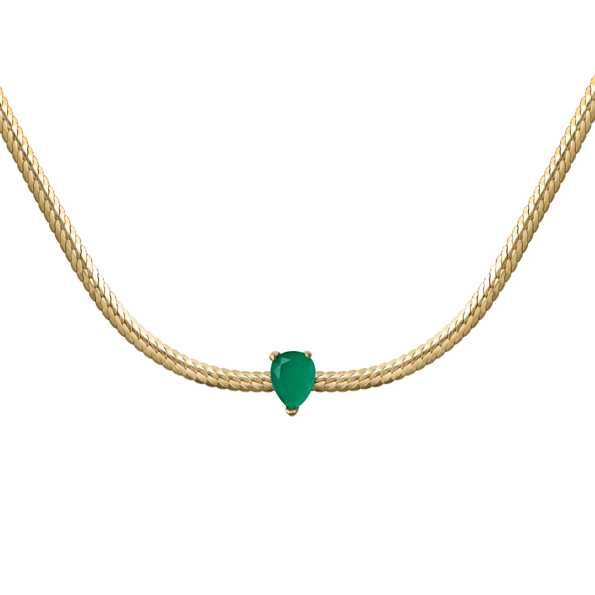 Silver gold plated pear emerald herringbone choker