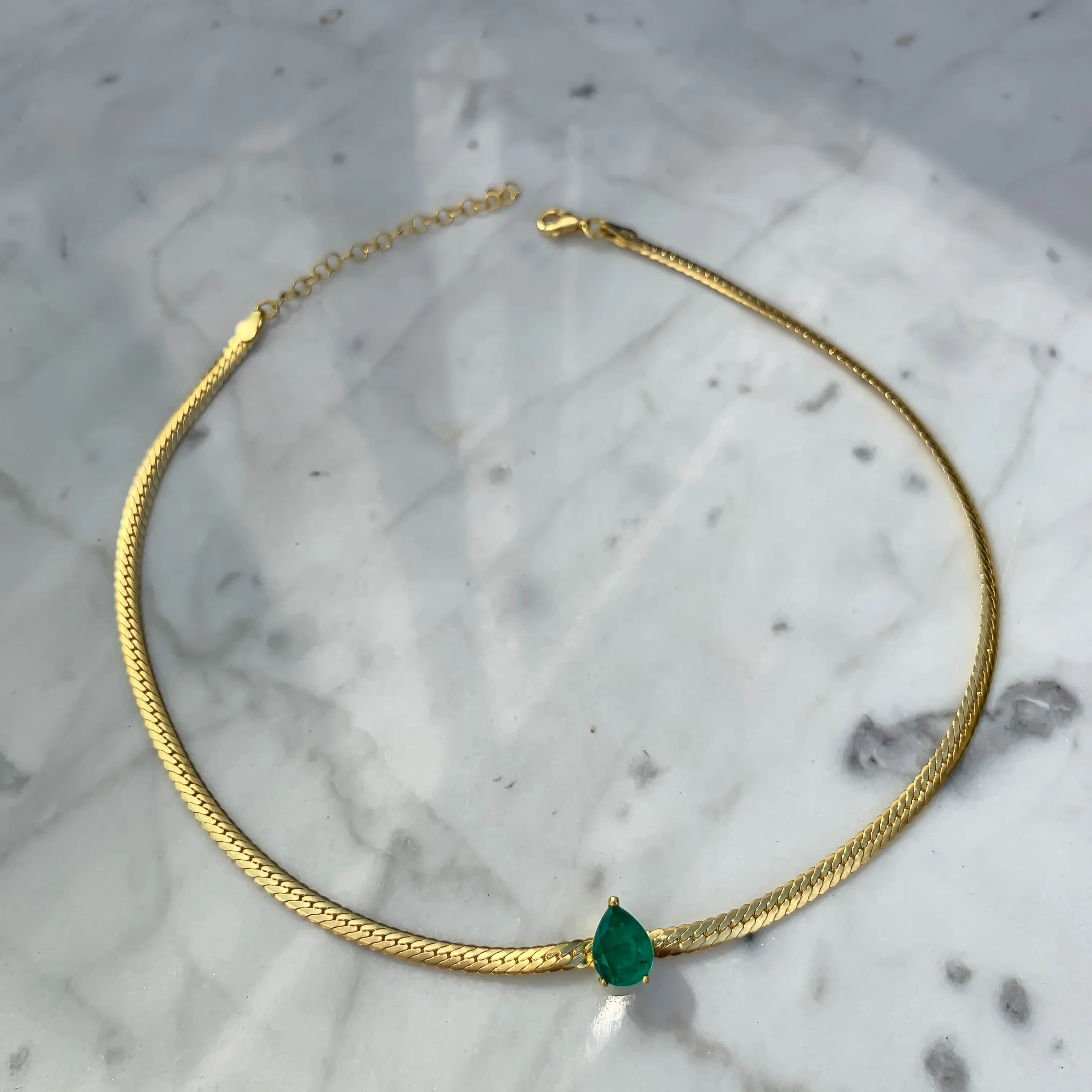 Silver gold plated pear emerald herringbone choker