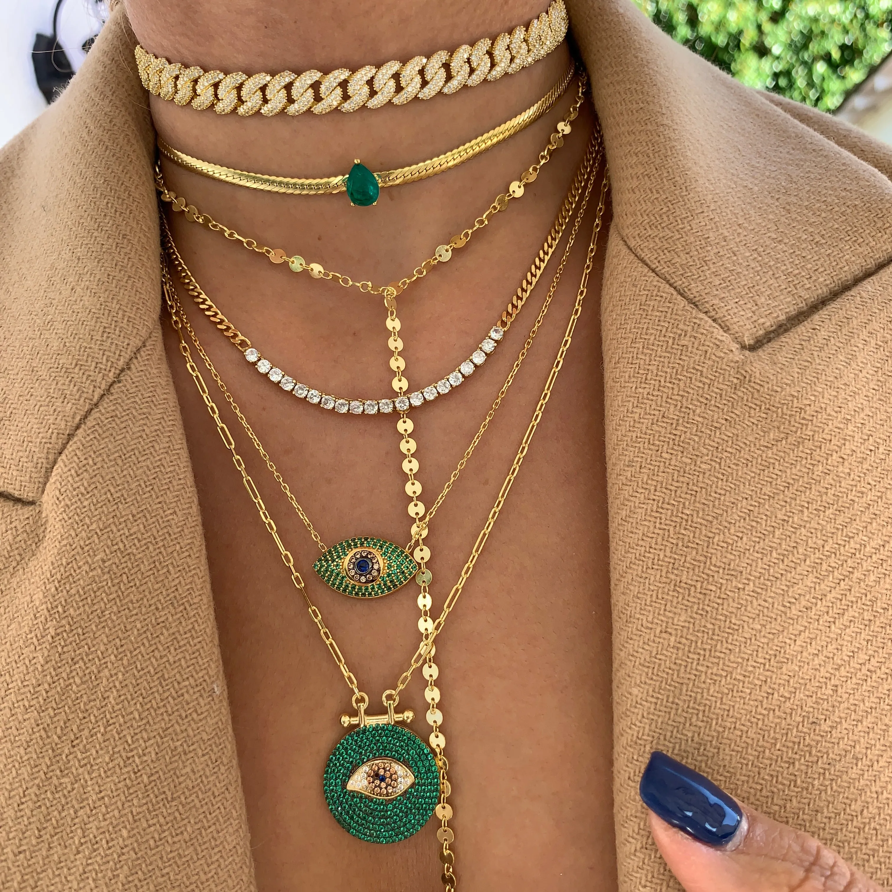 Silver gold plated pear emerald herringbone choker