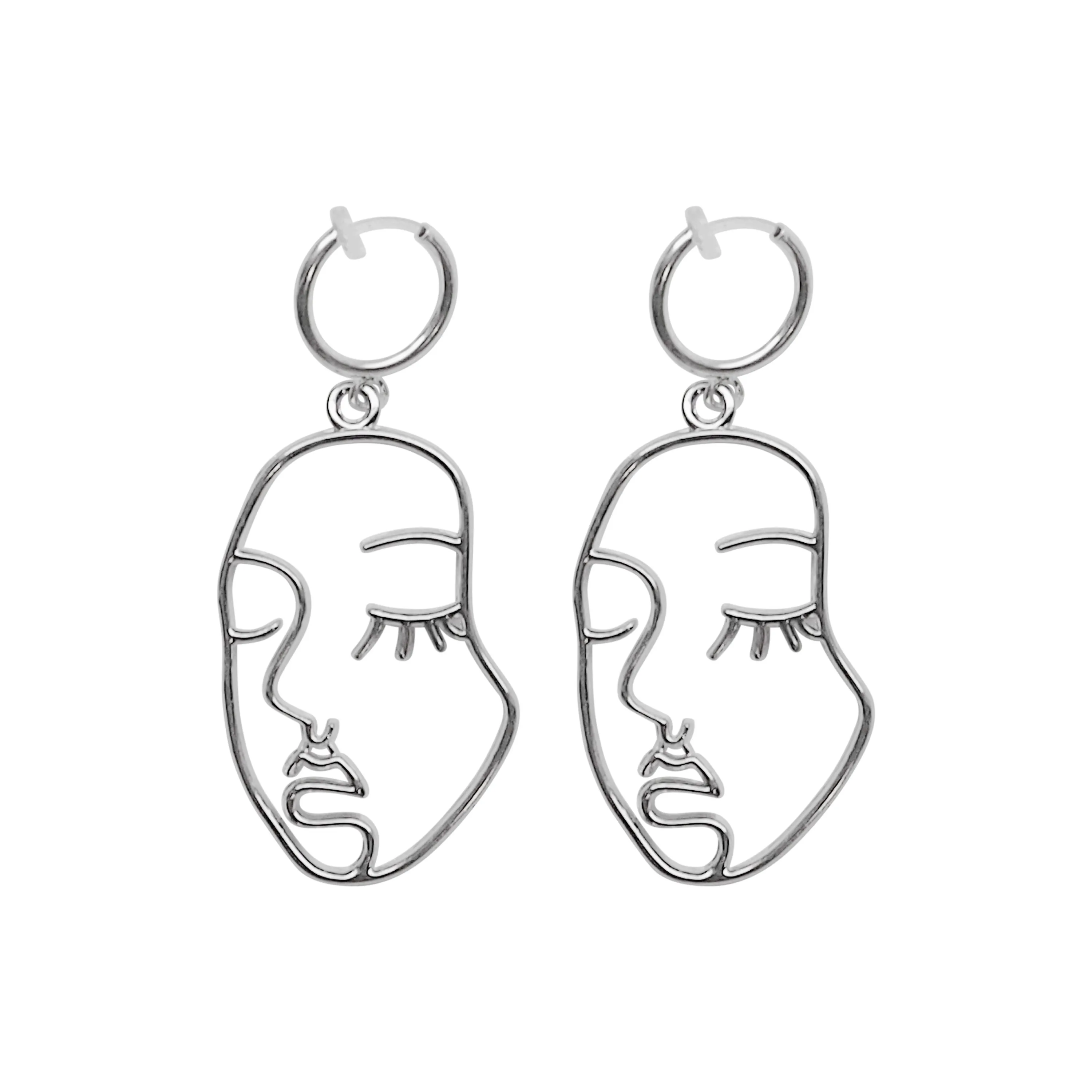 Silver human face clip on hoop earrings