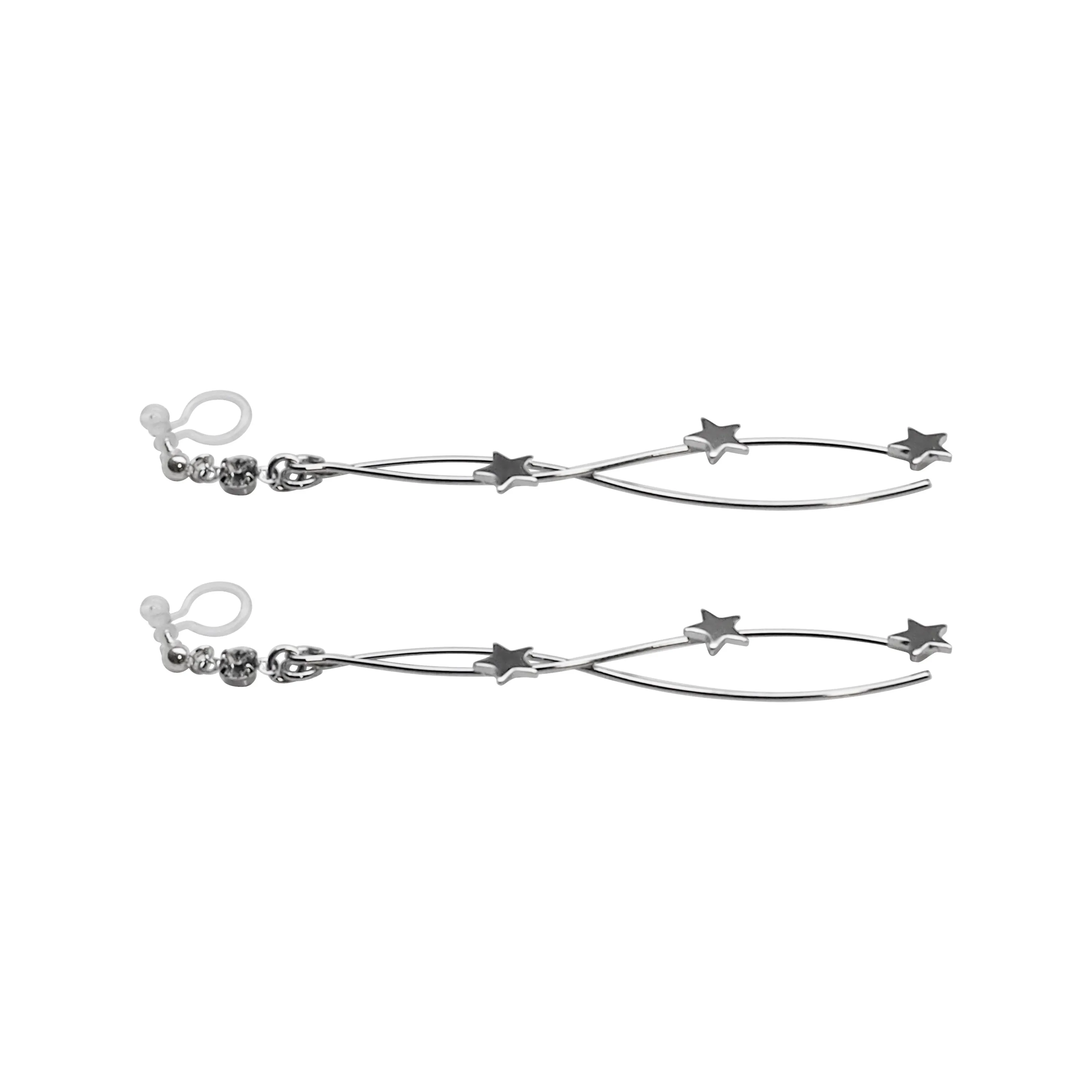 Silver star wave bar dangle invisible clip on earrings