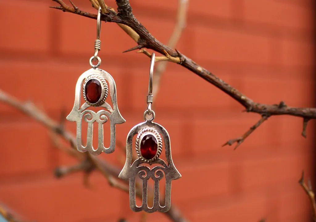 Silver Sterling Hamsa, Hand of Fatima Earrings with Garnet Inlays