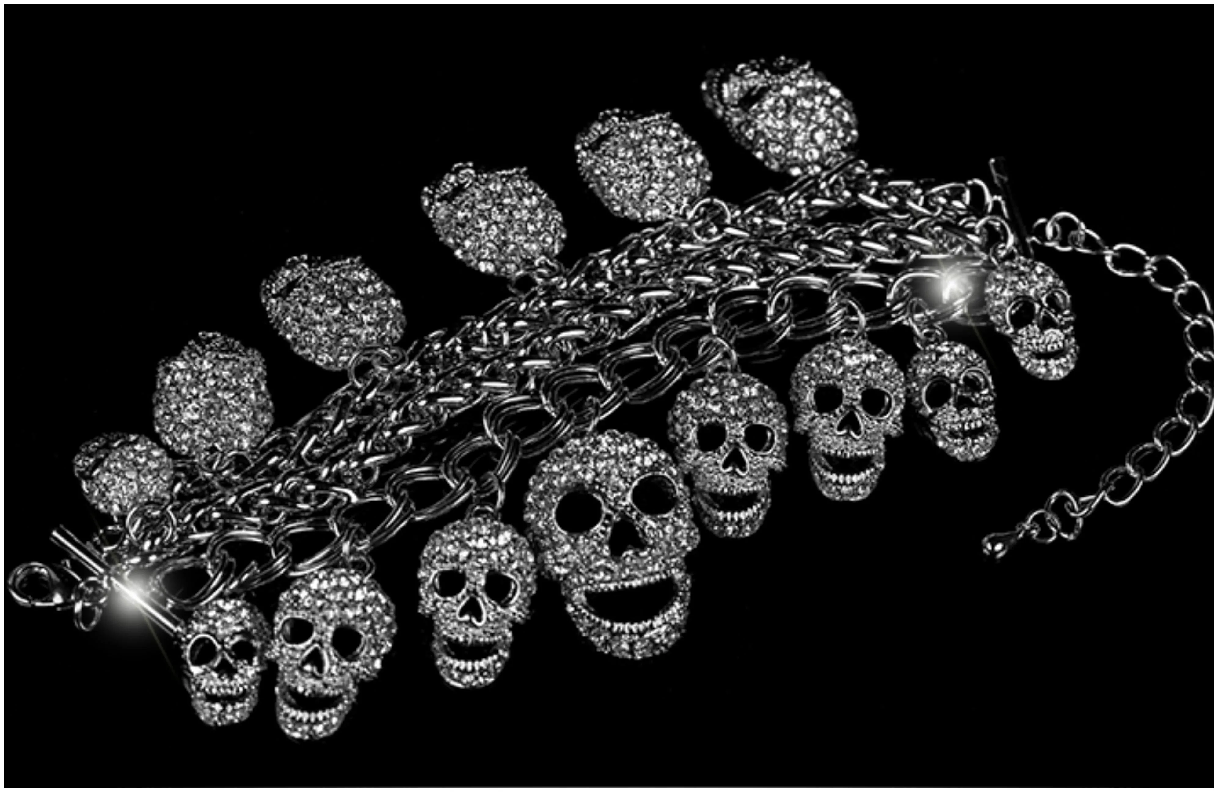 Skulls Cluster Clear Silver Goth Crytal Fashion Bracelet - 6.5in