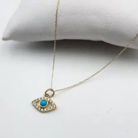 Spiritual Protection EVIL EYE NECKLACE, 14k Solid Gold Turquoise Diamond & Cable Chain Pendant Necklace