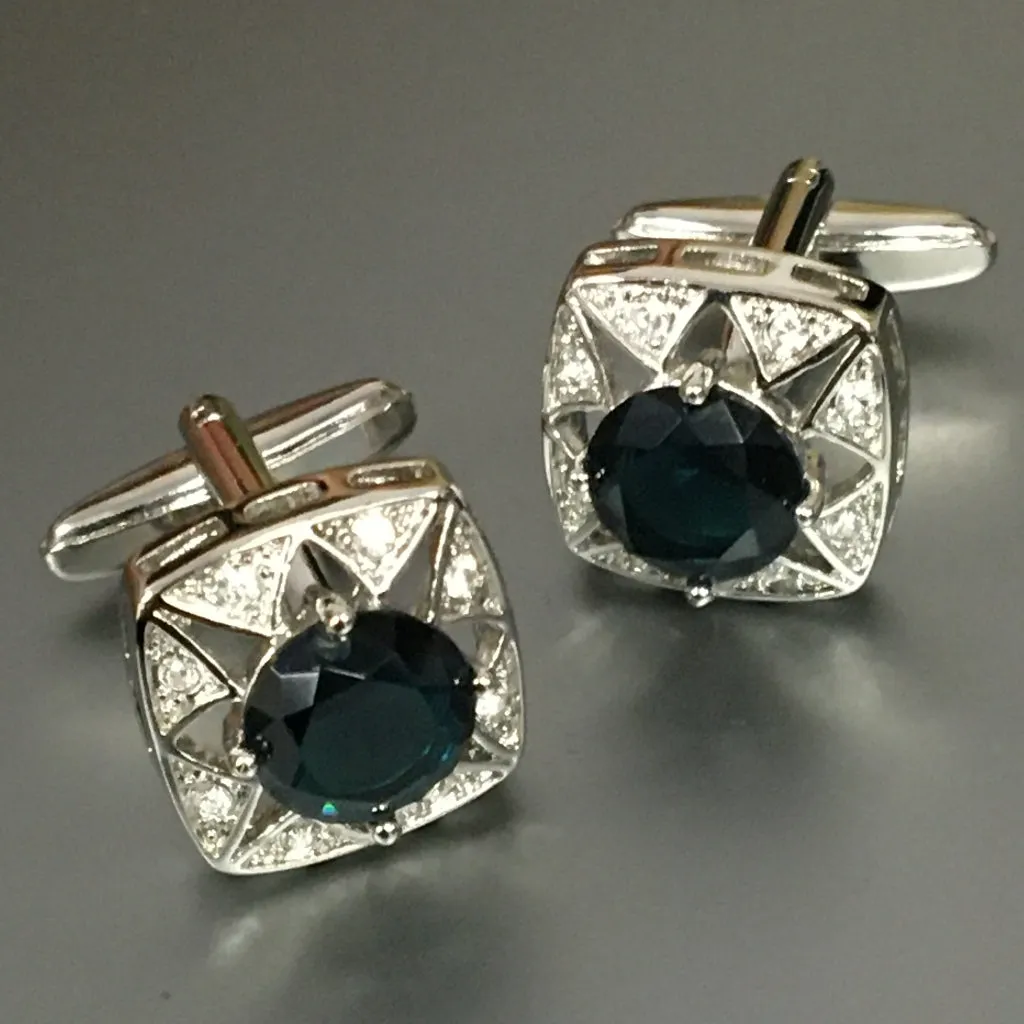 Square Silver Star Cufflinks with Emerald