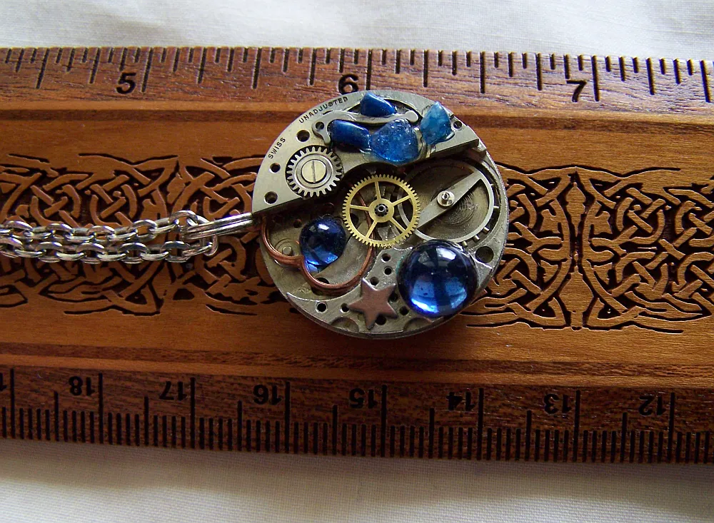 Steampunk Watchworks with Blue Jewels Jewelry Pendant