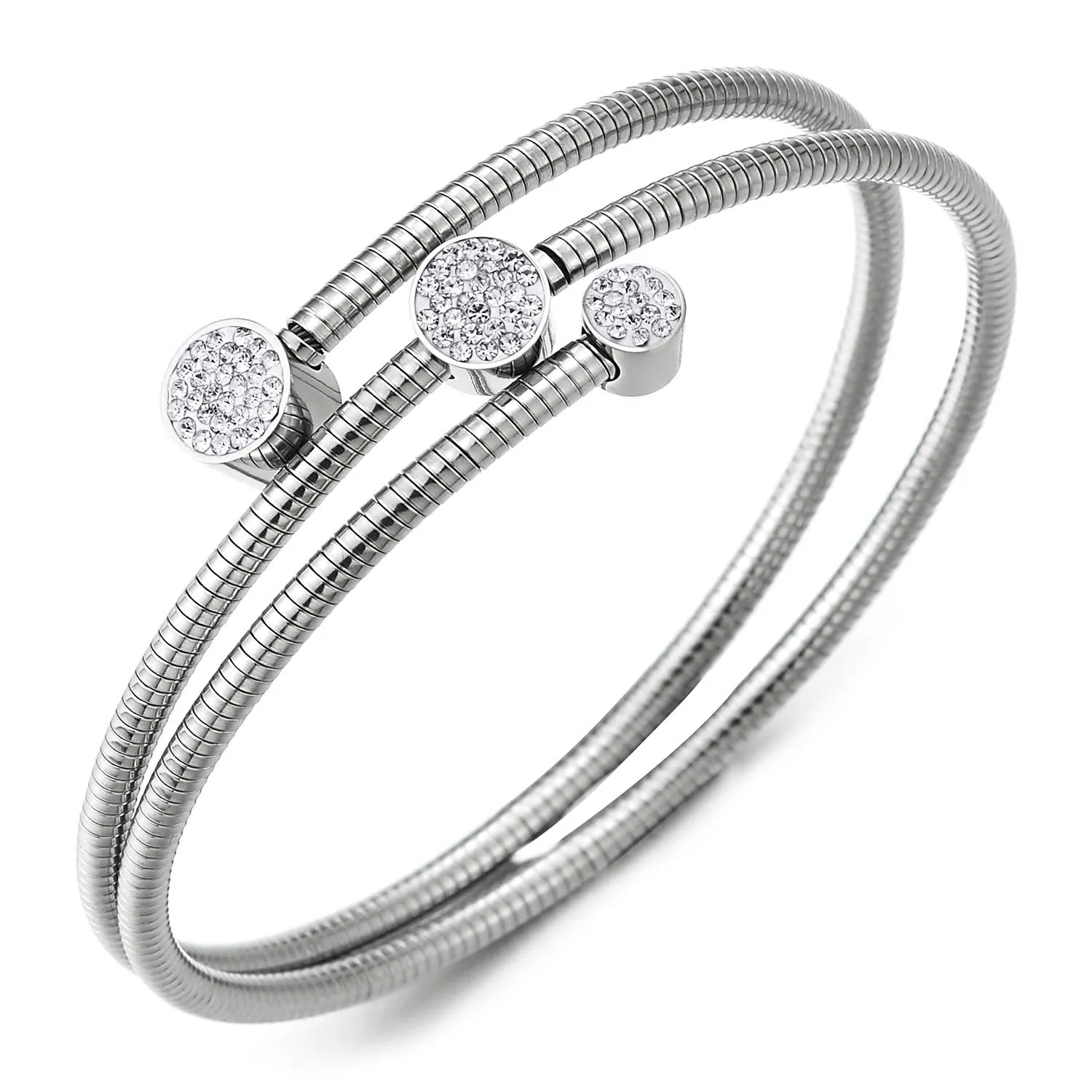 Steel Cuff Bangle Bracelet with Cubic Zirconia Pave Circles Charms Elastic Multi-Lap