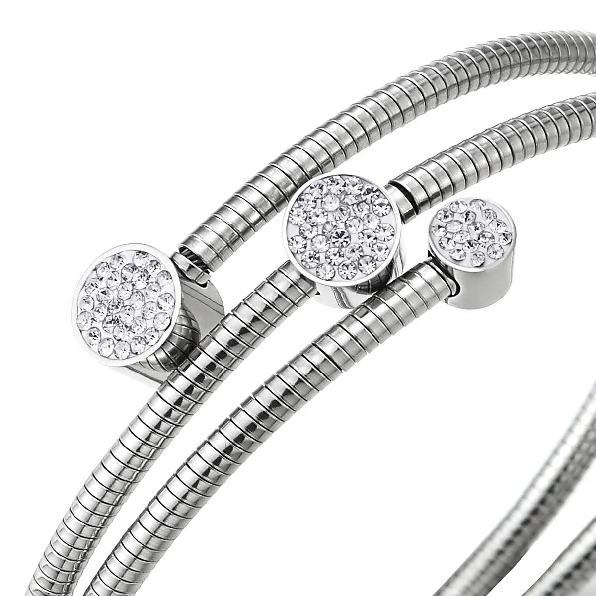 Steel Cuff Bangle Bracelet with Cubic Zirconia Pave Circles Charms Elastic Multi-Lap