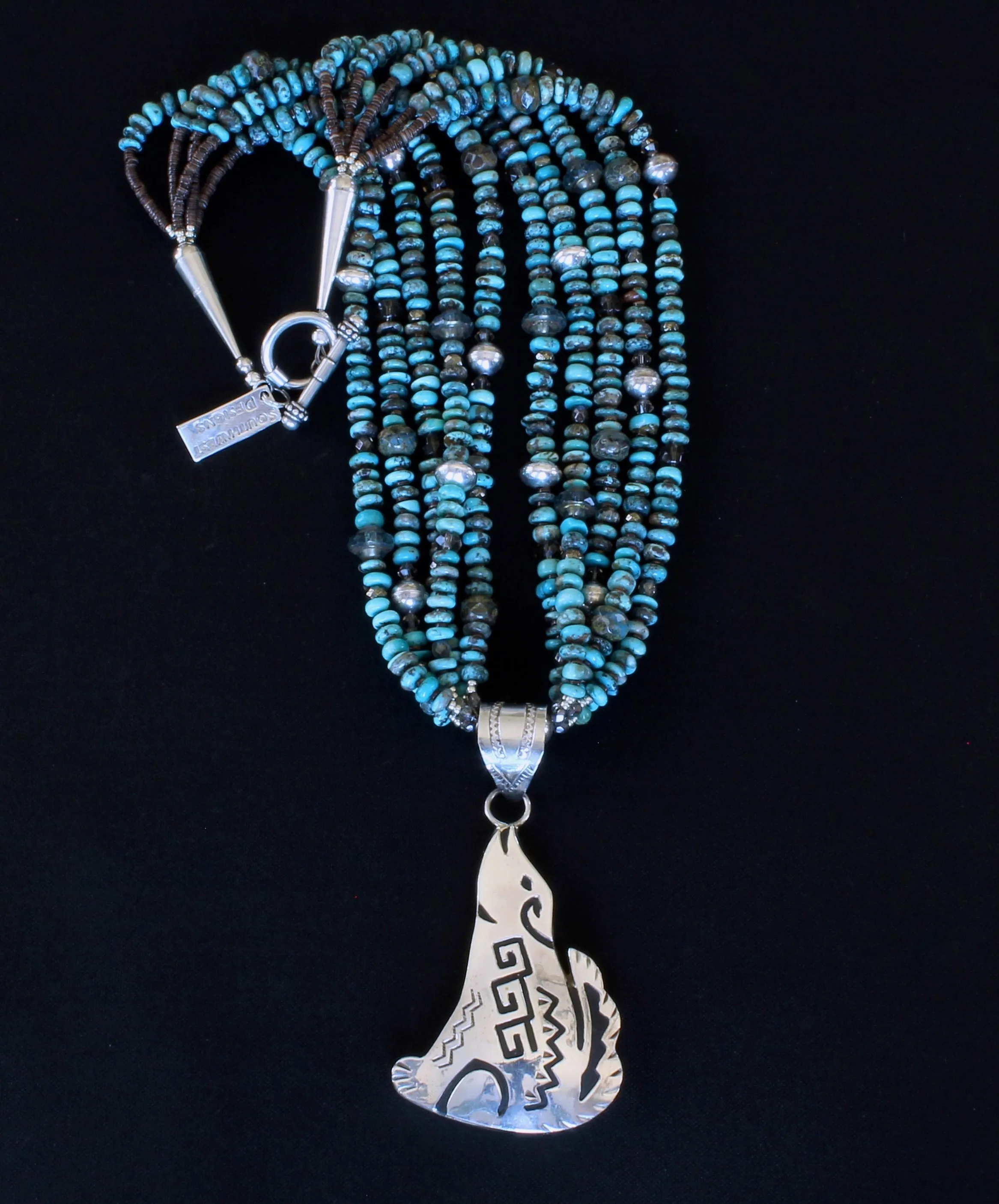 Sterling Silver Coyote Pendant with 5 Strands of Turquoise Rondelles, Bench-Made Sterling Silver Beads, Czech Glass Saucers & Faceted Rondelle Beads, Fire Polished Glass, and Sterling Silver Cones & Toggle Clasp