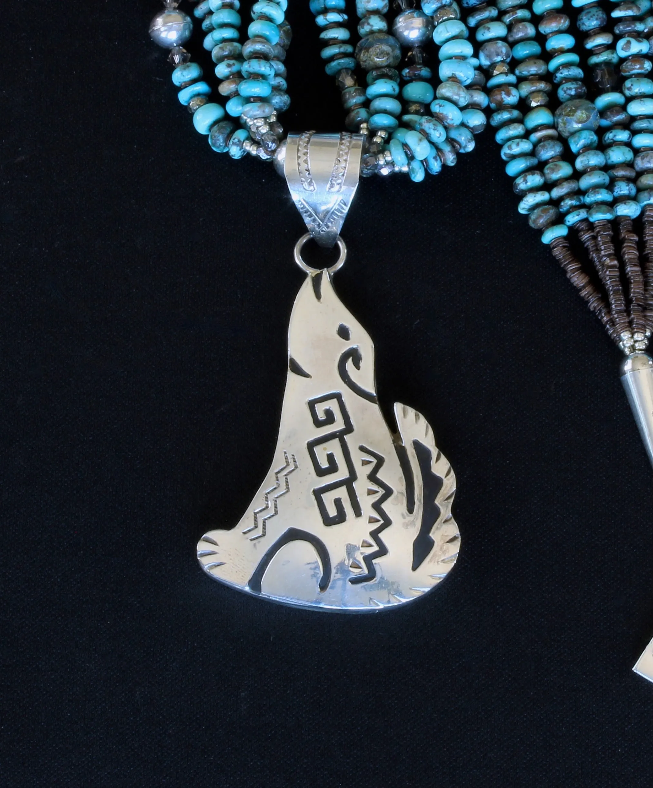 Sterling Silver Coyote Pendant with 5 Strands of Turquoise Rondelles, Bench-Made Sterling Silver Beads, Czech Glass Saucers & Faceted Rondelle Beads, Fire Polished Glass, and Sterling Silver Cones & Toggle Clasp