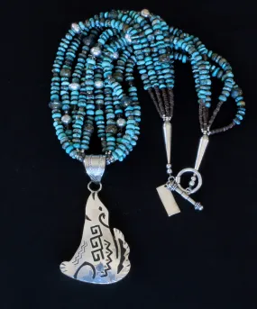 Sterling Silver Coyote Pendant with 5 Strands of Turquoise Rondelles, Bench-Made Sterling Silver Beads, Czech Glass Saucers & Faceted Rondelle Beads, Fire Polished Glass, and Sterling Silver Cones & Toggle Clasp