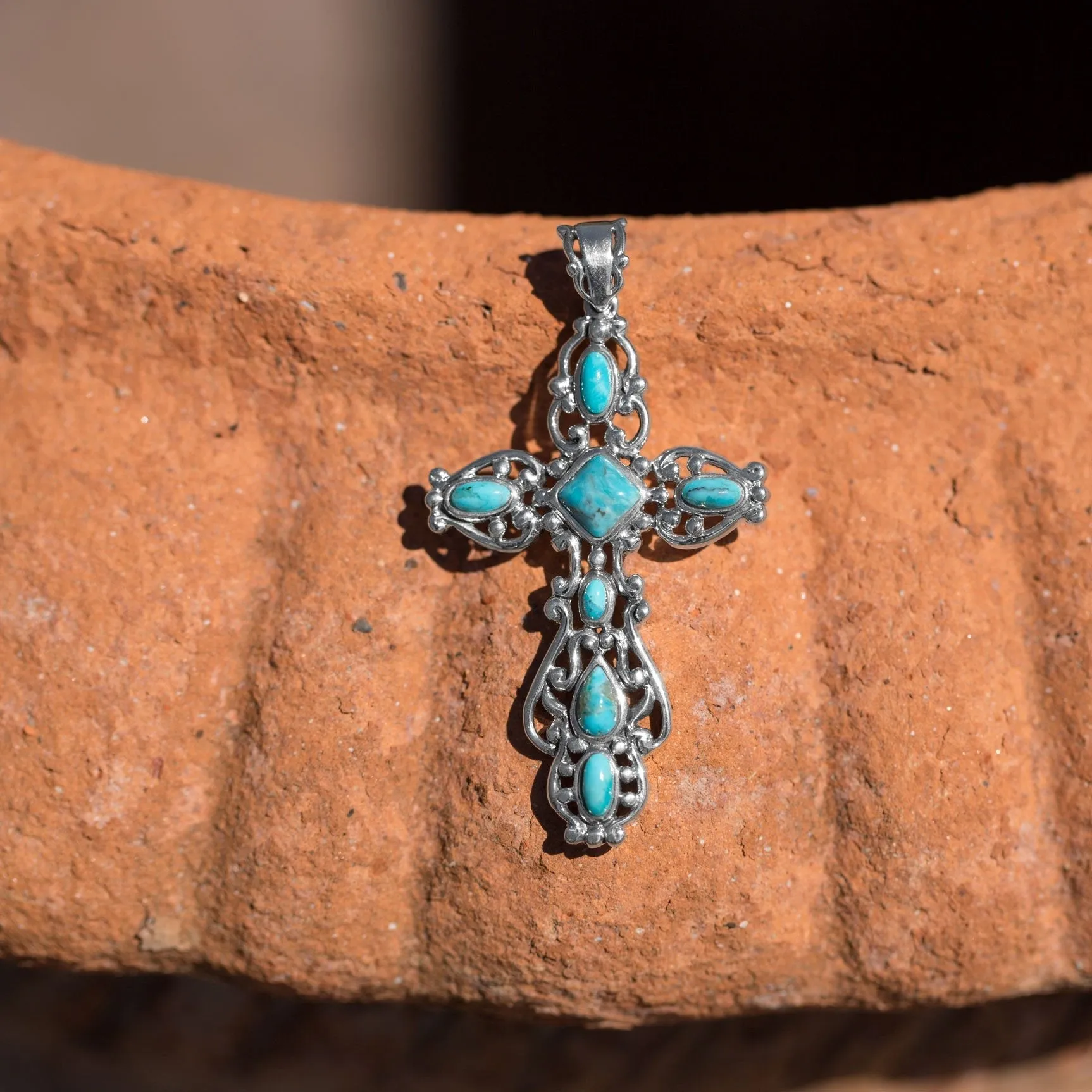 Sterling Silver Ornate Oxidized Turquoise Cross Pendant