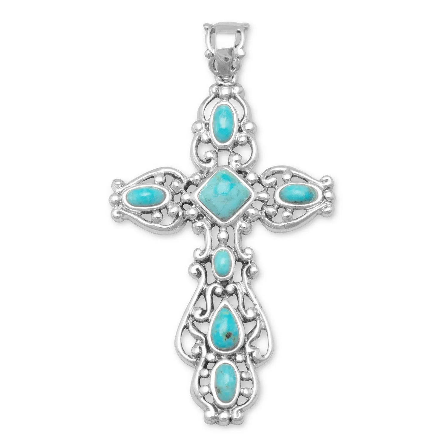 Sterling Silver Ornate Oxidized Turquoise Cross Pendant