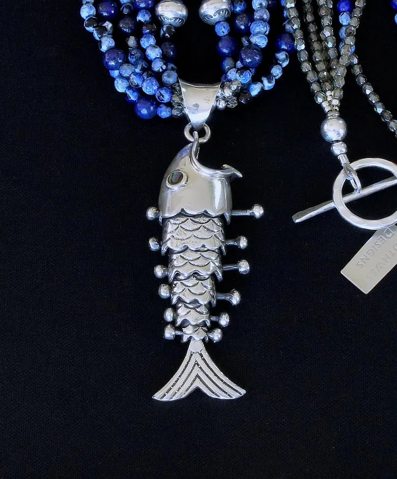 Sterling Silver Reticulated Fish Pendant with 5 Strands of Blue Fire Agate & Lapis Rounds, Fire Polished Glass, Sterling Silver Navajo Pearls, and a Sterling Toggle Clasp