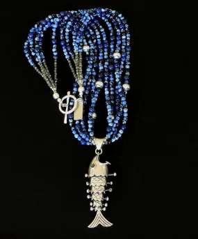 Sterling Silver Reticulated Fish Pendant with 5 Strands of Blue Fire Agate & Lapis Rounds, Fire Polished Glass, Sterling Silver Navajo Pearls, and a Sterling Toggle Clasp