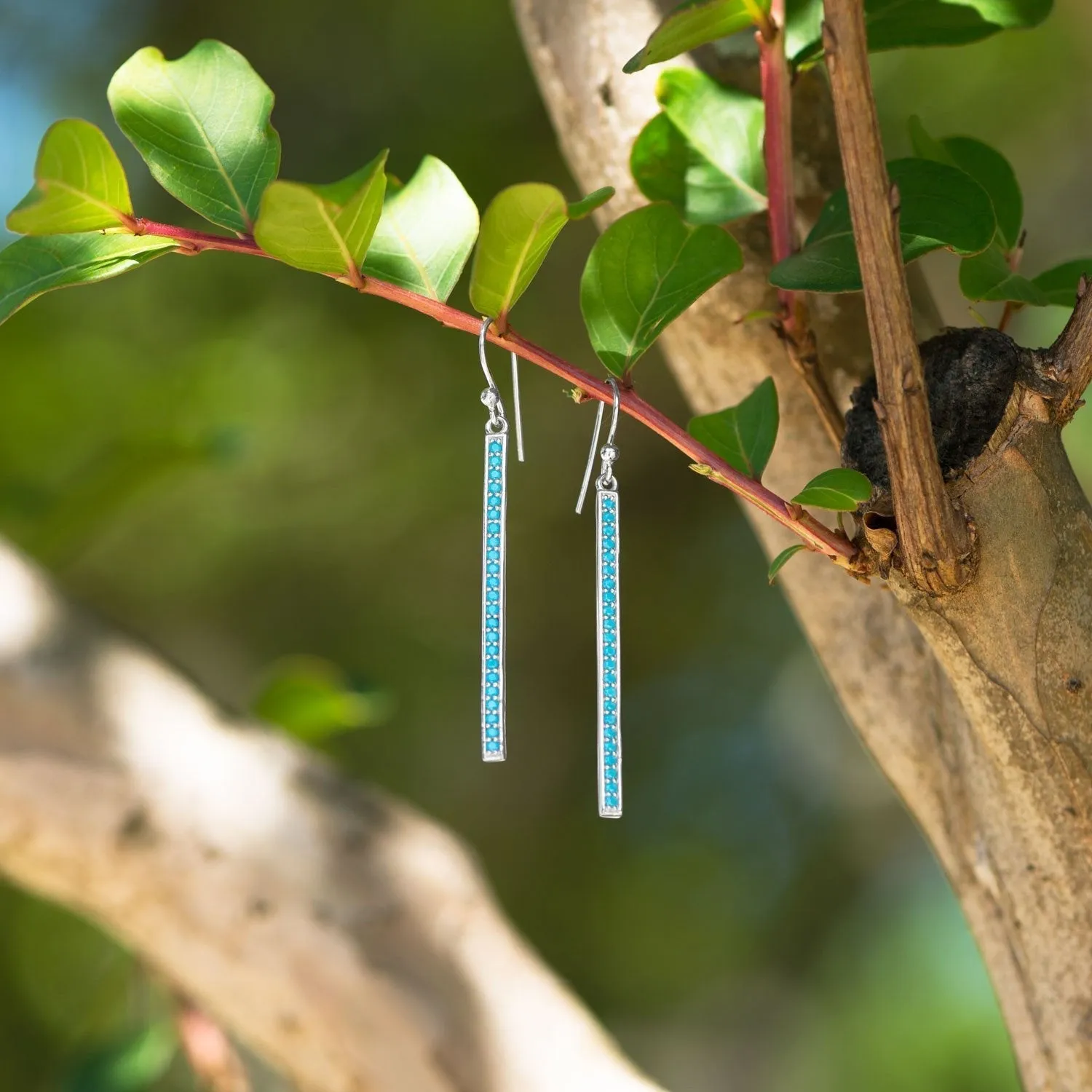 Sterling Silver Turquoise CZ Long Bar Dangle Earrings