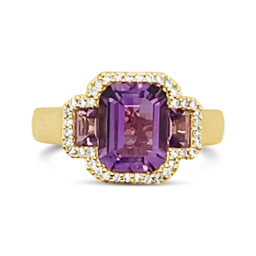 Three Amethysts & Diamond Ring