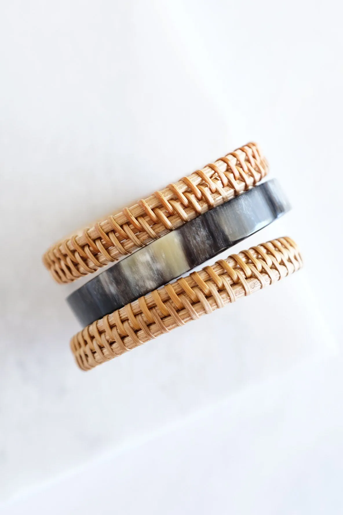 Thuy Binh Buffalo Horn & Handwoven Rattan Bangle Bracelets (3pcs)