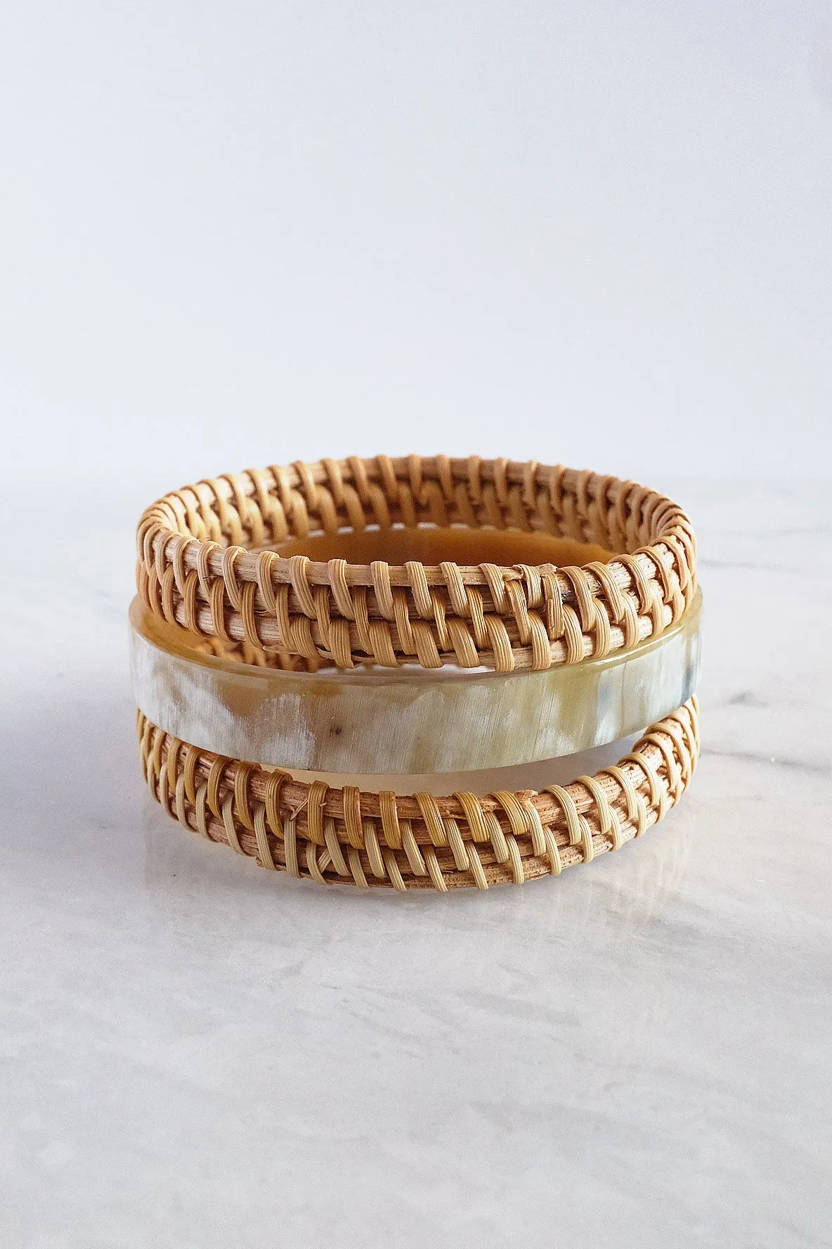 Thuy Binh Buffalo Horn & Handwoven Rattan Bangle Bracelets (3pcs)