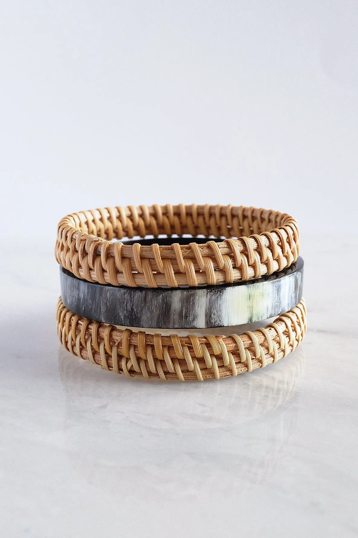 Thuy Binh Buffalo Horn & Handwoven Rattan Bangle Bracelets (3pcs)