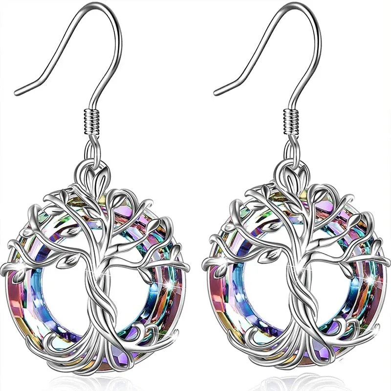 Tree of Life with Purple Crystal Drop Earrings