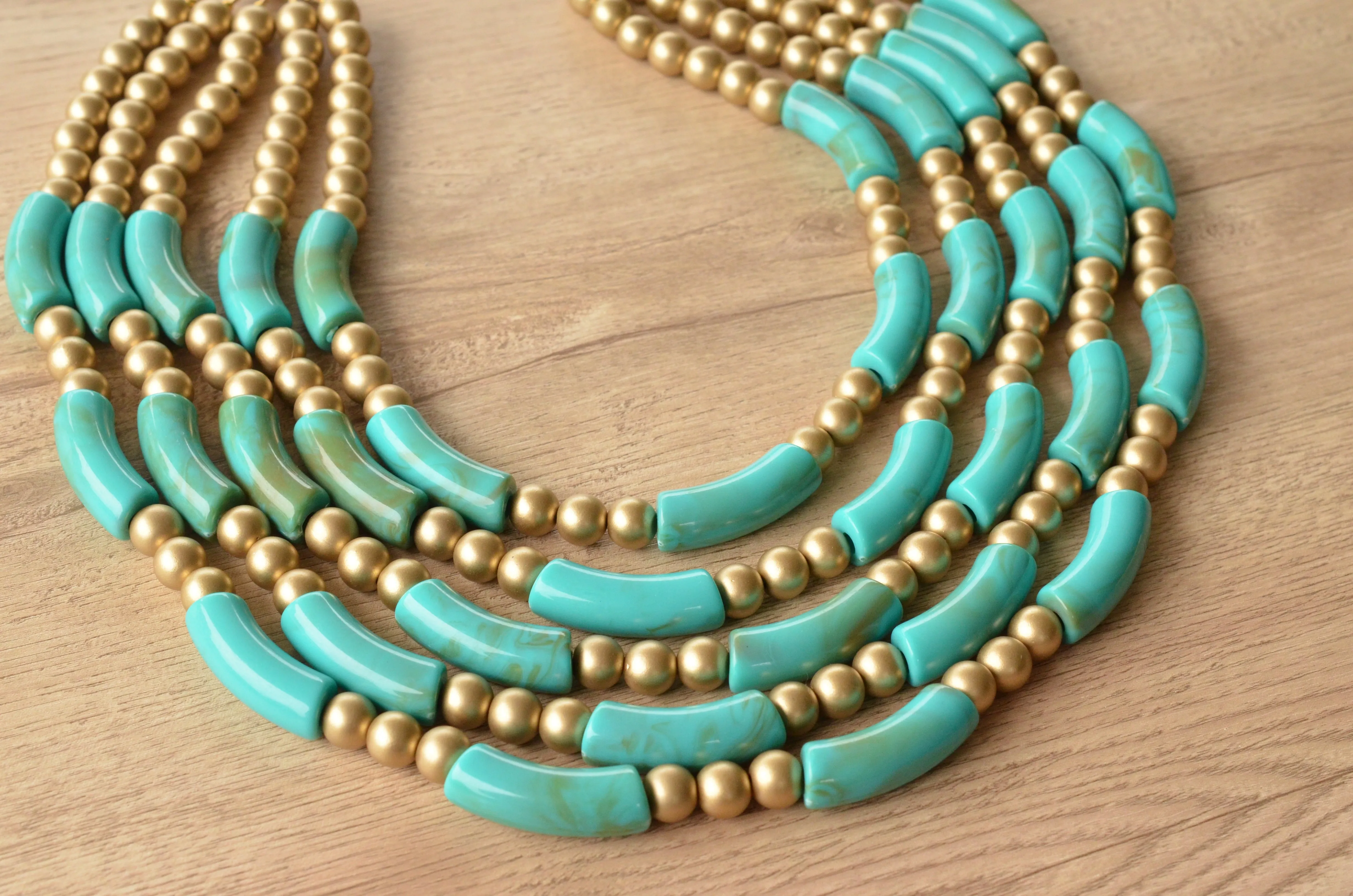 Turquoise Green Gold Acrylic Bead Multi Strand Statement Necklace - Tanya