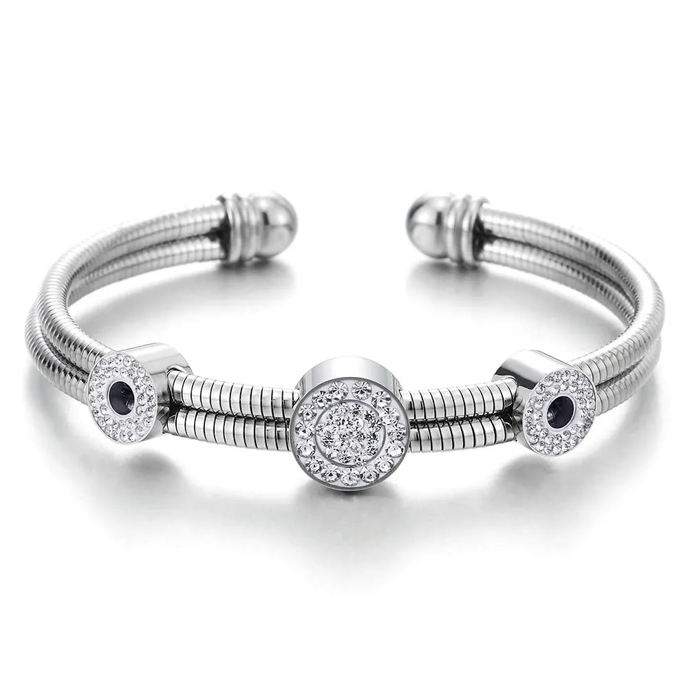 Two-Row Womens Steel Open Cuff Bangle Bracelet with Cubic Zirconia Circles Charms, Adjustable