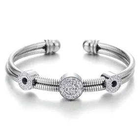 Two-Row Womens Steel Open Cuff Bangle Bracelet with Cubic Zirconia Circles Charms, Adjustable