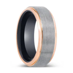 VAMPIRE | Black Ring, Silver Tungsten Ring, Brushed, Rose Gold Stepped Edge