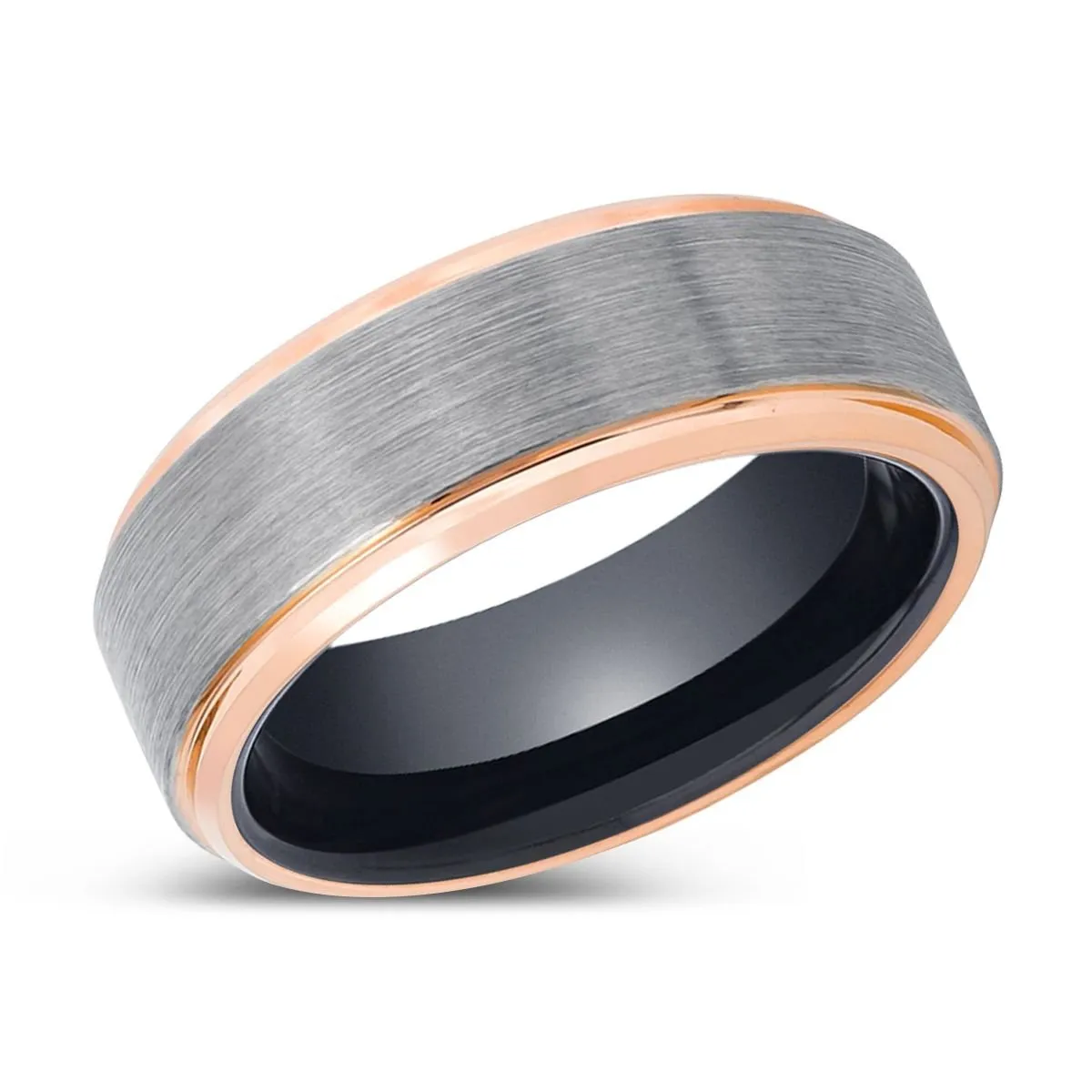 VAMPIRE | Black Ring, Silver Tungsten Ring, Brushed, Rose Gold Stepped Edge