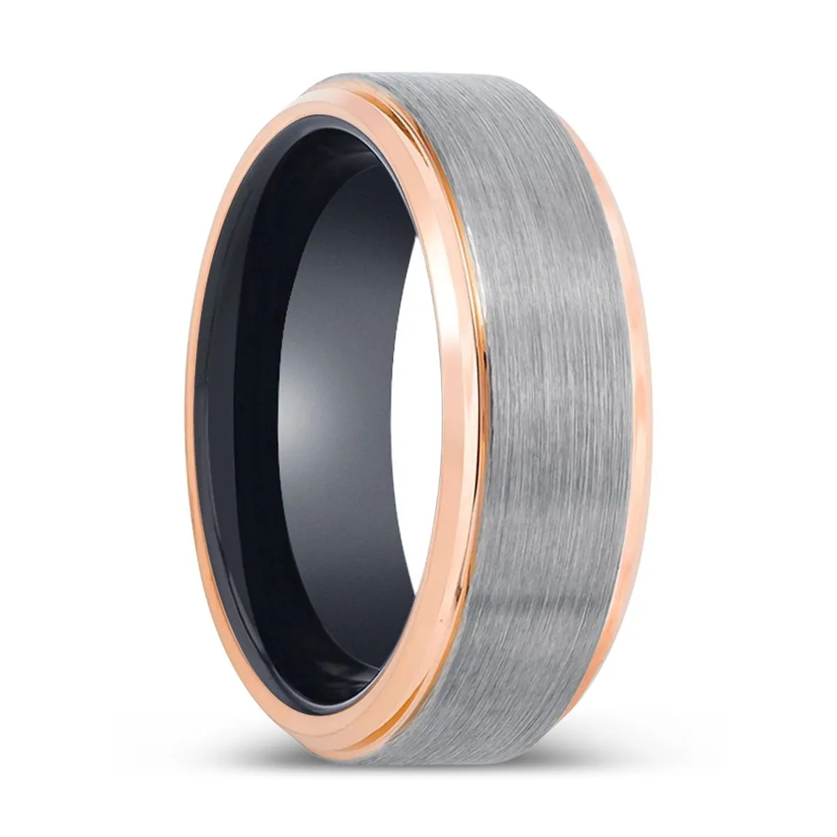 VAMPIRE | Black Ring, Silver Tungsten Ring, Brushed, Rose Gold Stepped Edge