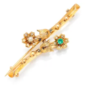 Victorian Emerald & Seed Pearl Rose Flower Brooch Pin 14K Gold