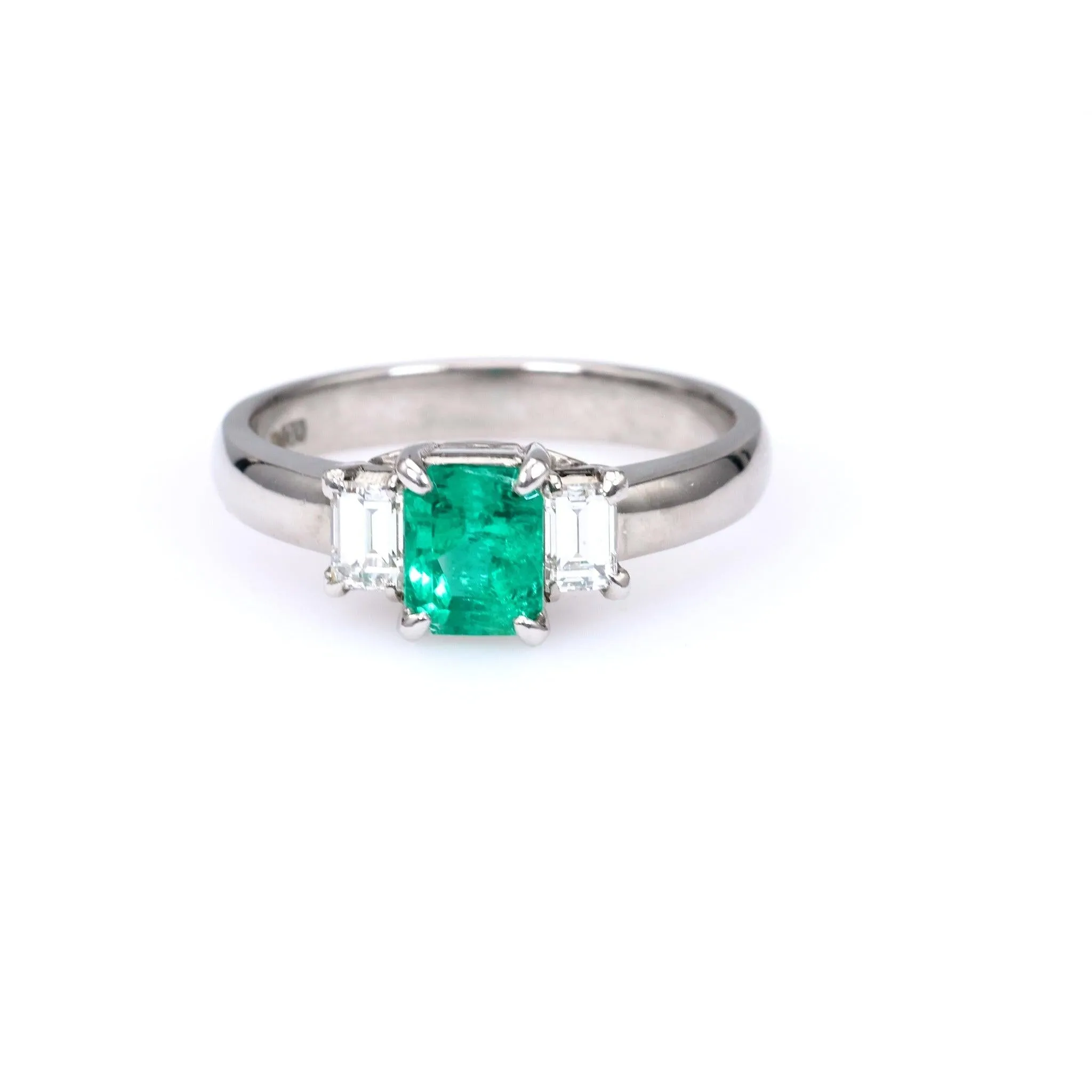 Vintage 0.69 Carat Emerald and Diamond Platinum Three Stone Ring